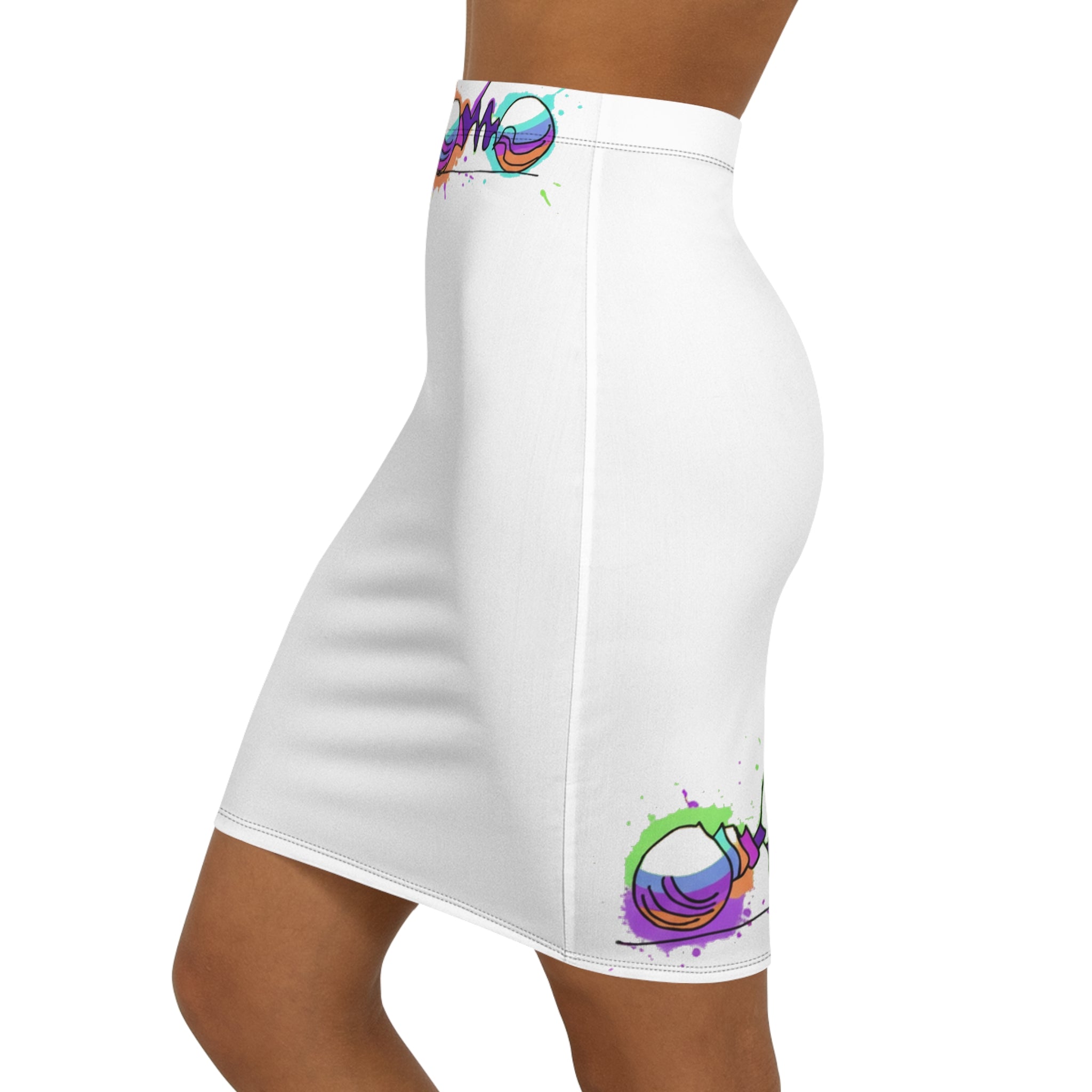 COOW60 Graffiti White Pencil Skirt — Women's Mid‑Waist Music Festival Skirt