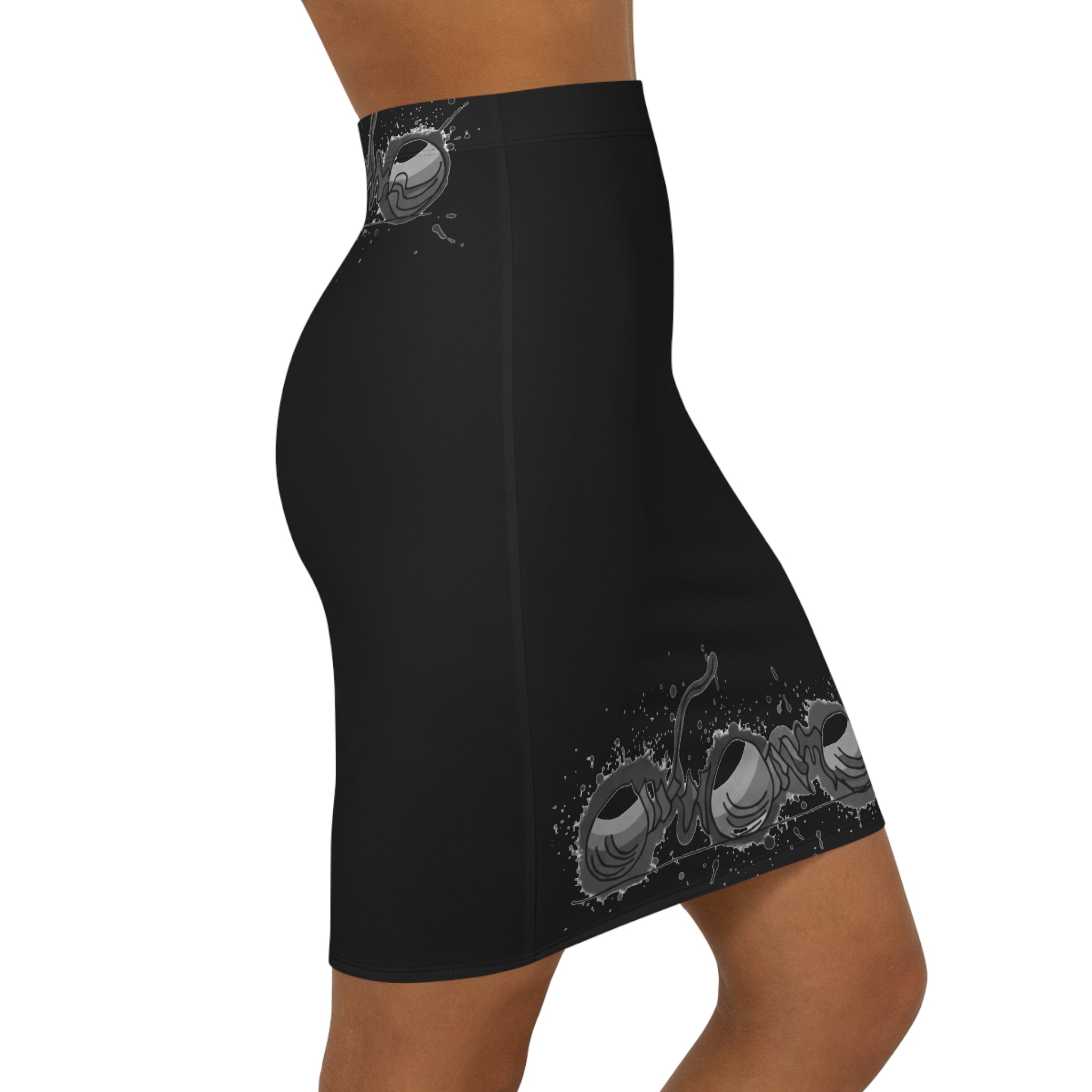 COOW60 Black Splash Pencil Skirt with Vintage Soccer Ball Border — Women's Mid-Waist