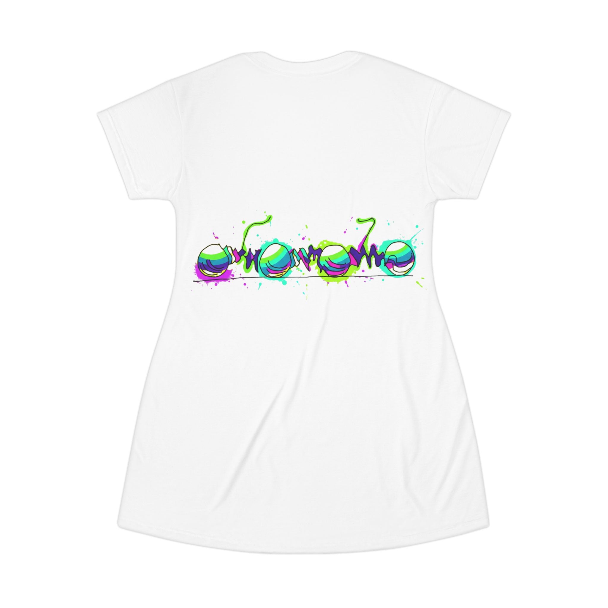 COOW60 Graffiti Chrome Script T‑Shirt Dress — Neon Street Art Graphic