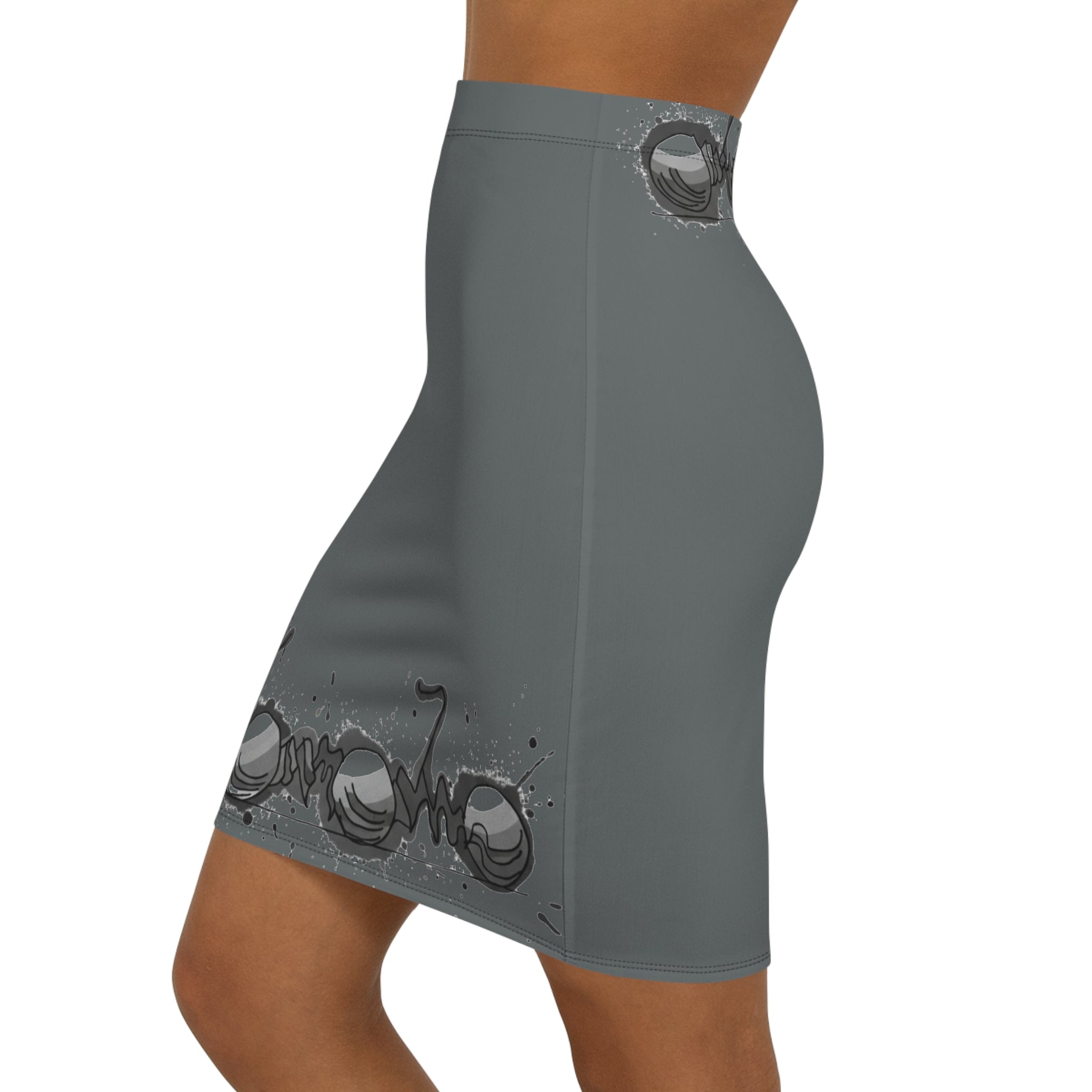 COOW60 Grey Pencil Skirt — Gothic Grunge Tentacle Border Midi Skirt