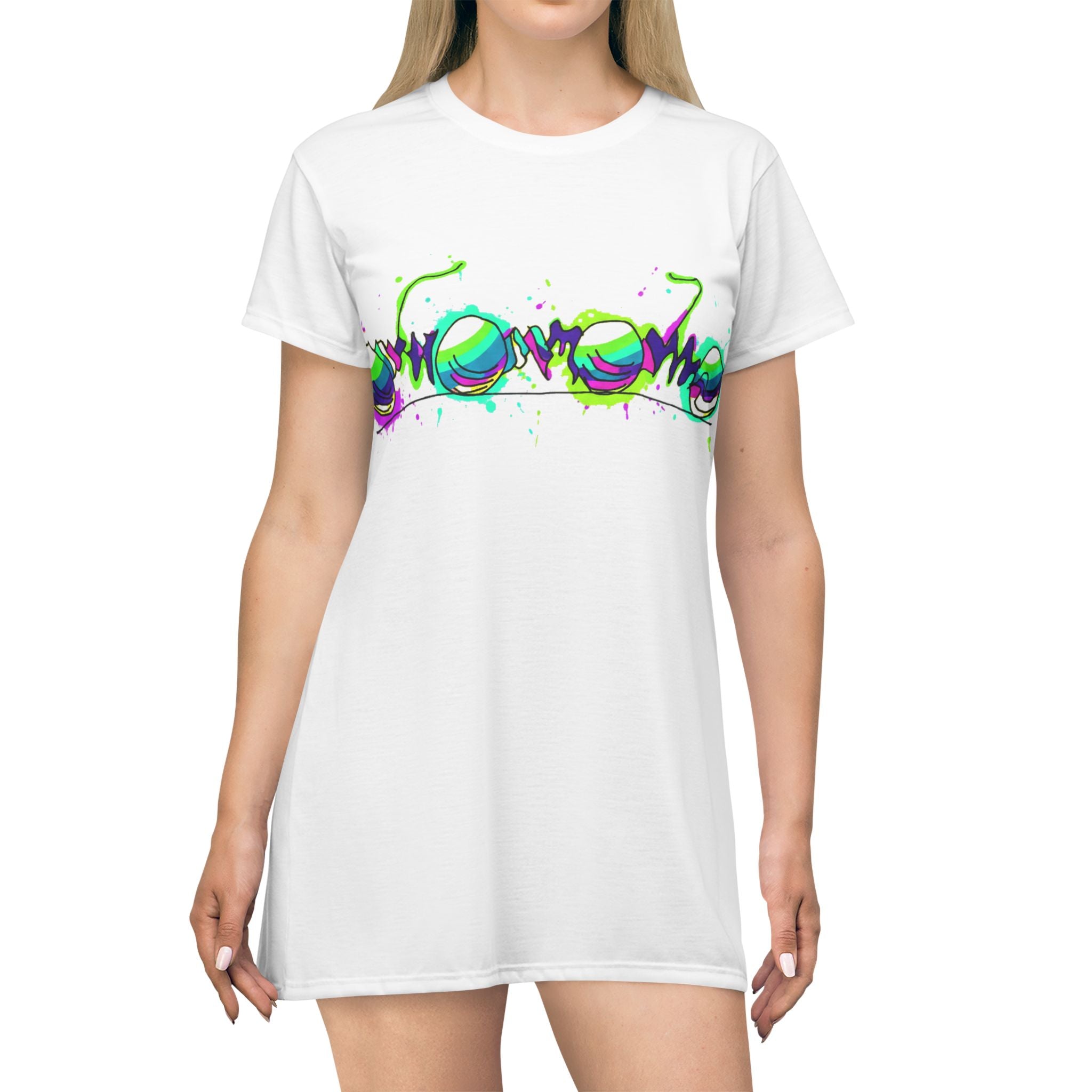 COOW60 Graffiti Chrome Script T‑Shirt Dress — Neon Street Art Graphic