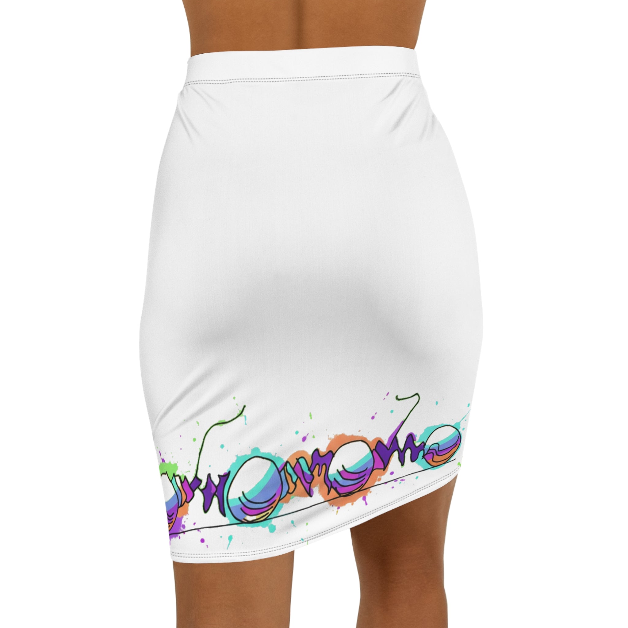 COOW60 Graffiti White Pencil Skirt — Women's Mid‑Waist Music Festival Skirt
