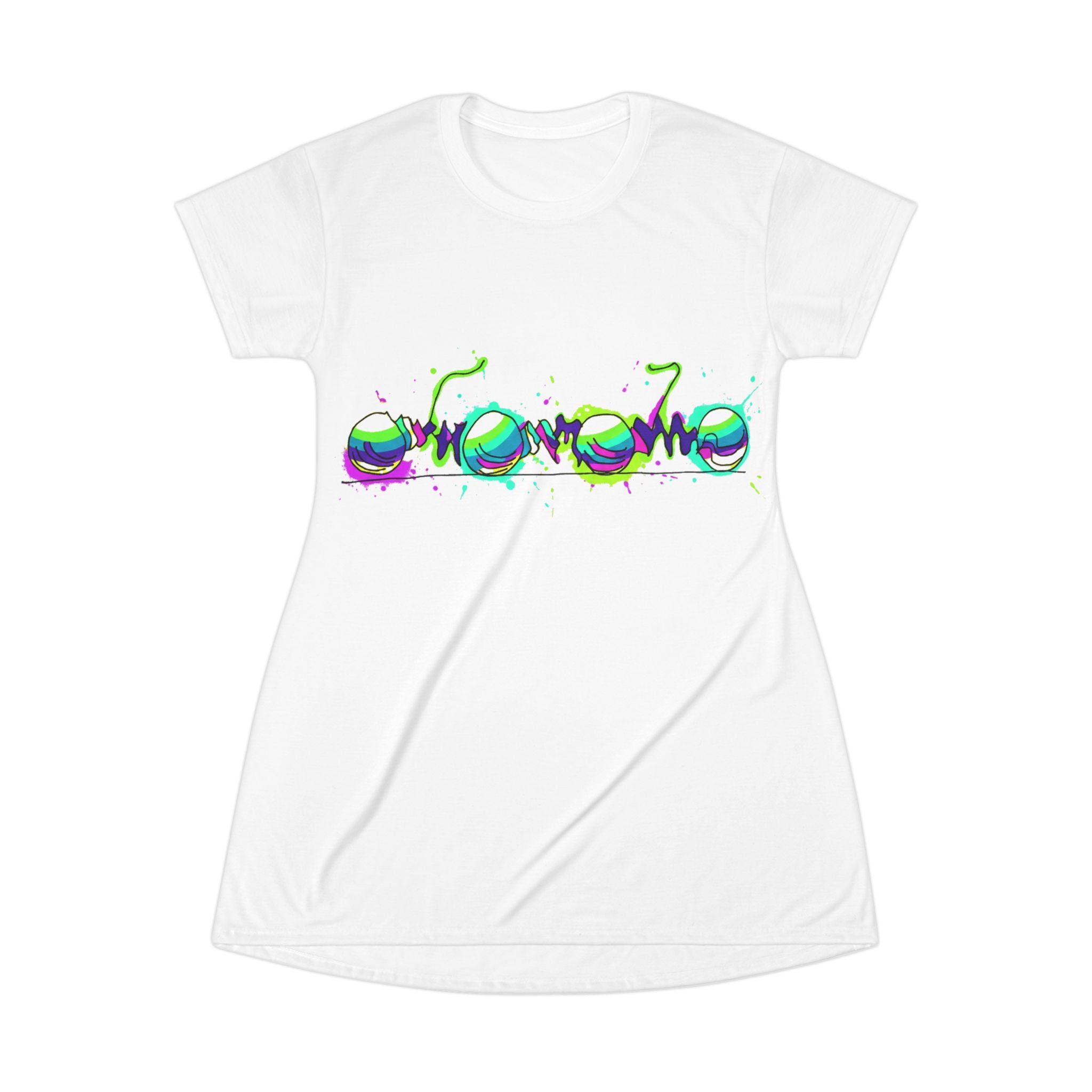 COOW60 Graffiti Chrome Script T‑Shirt Dress — Neon Street Art Graphic