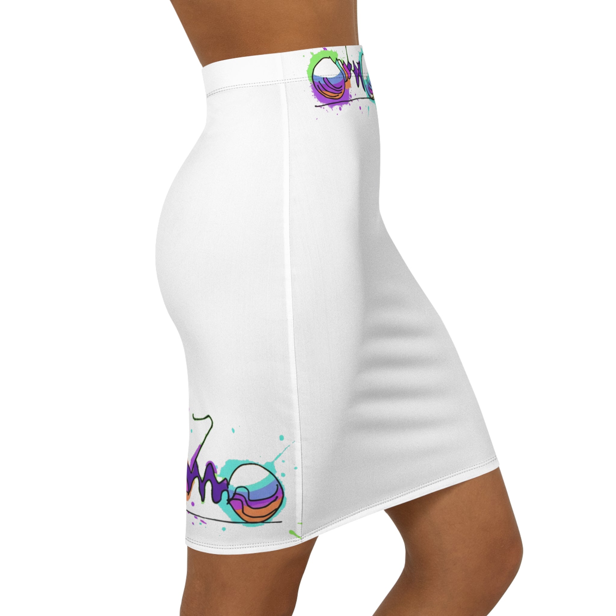 COOW60 Graffiti White Pencil Skirt — Women's Mid‑Waist Music Festival Skirt