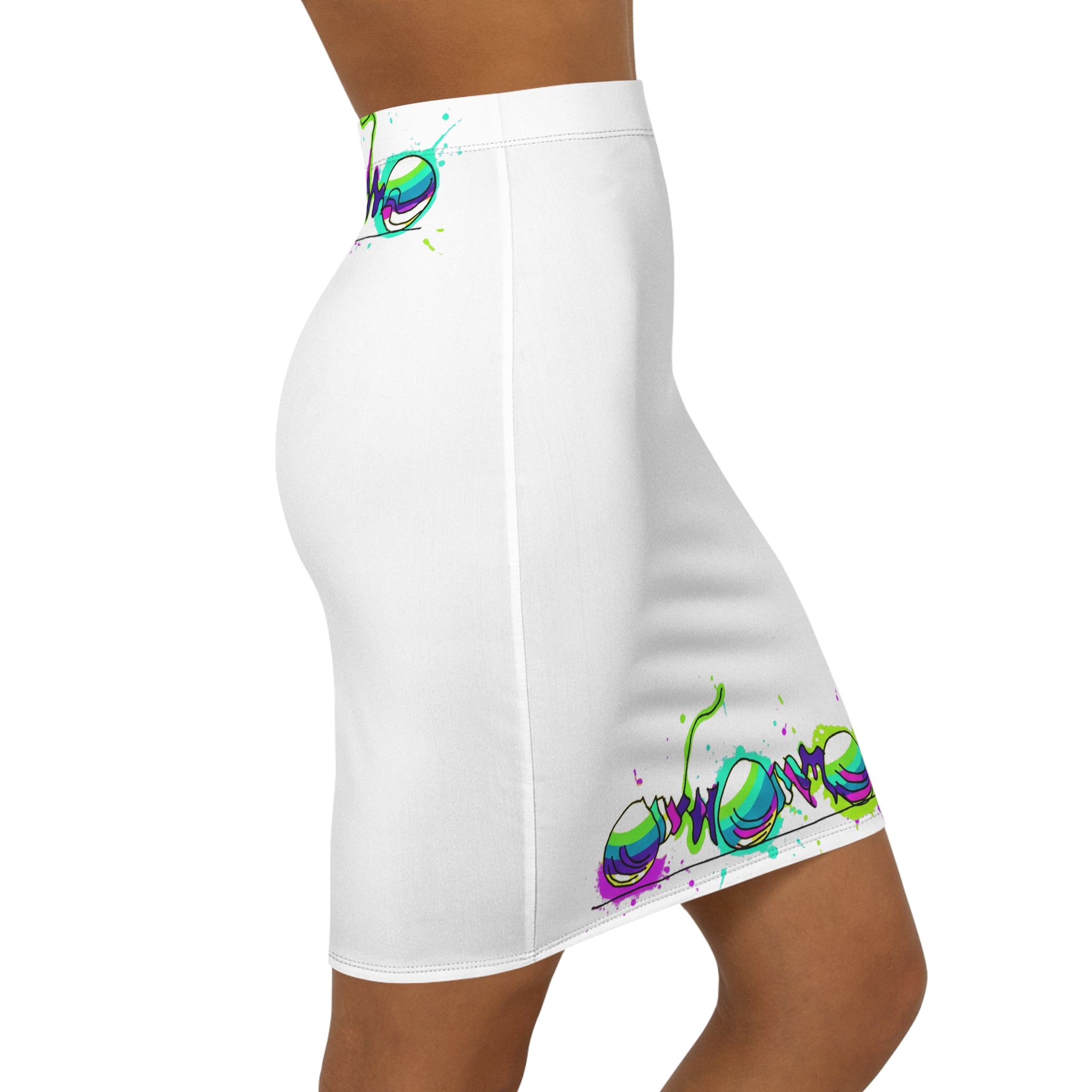 COOW60 Graffiti White Neon Wave Pencil Skirt — Women's Mid-Waist Colorful Street Art Design