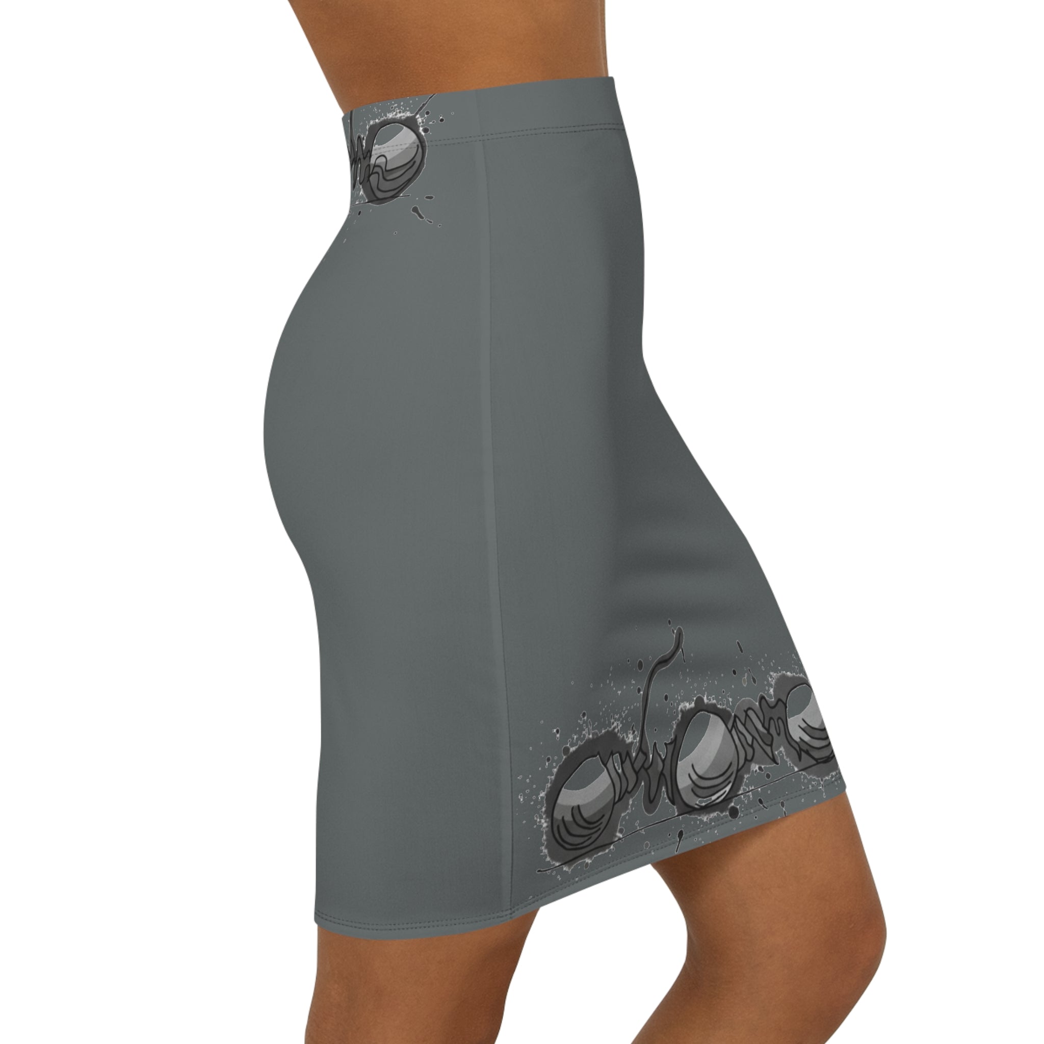 COOW60 Grey Pencil Skirt — Gothic Grunge Tentacle Border Midi Skirt