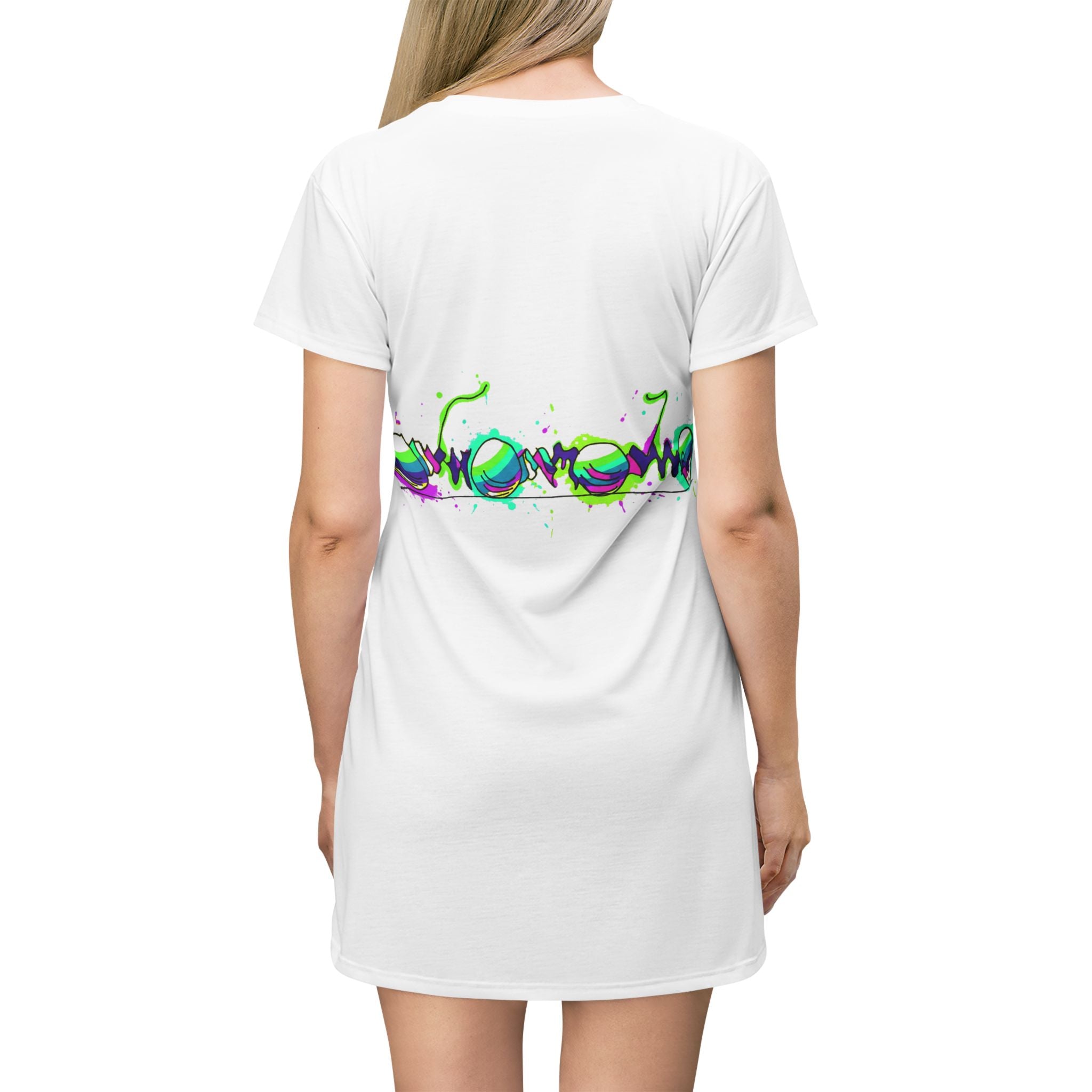 COOW60 Graffiti Chrome Script T‑Shirt Dress — Neon Street Art Graphic