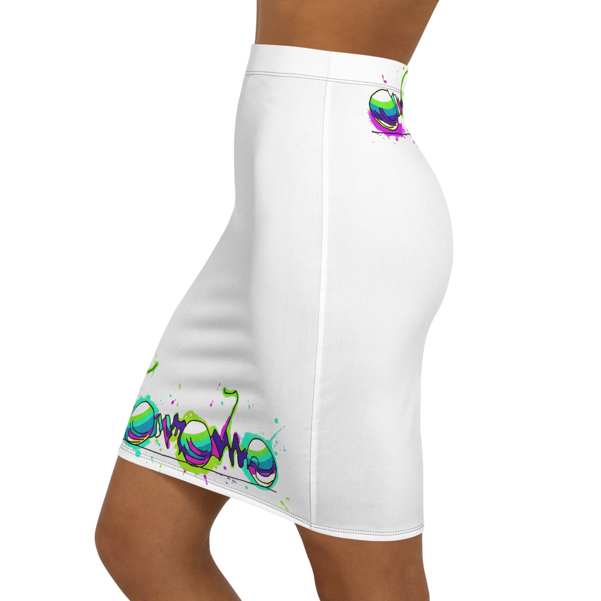 COOW60 Graffiti White Neon Wave Pencil Skirt — Women's Mid-Waist Colorful Street Art Design